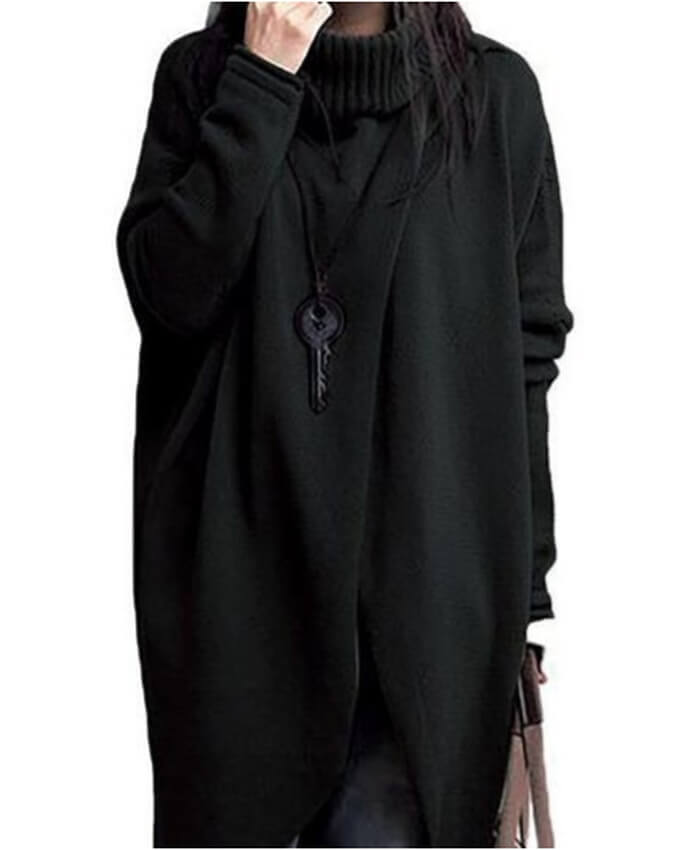 Batwing Sleeve Turtleneck Black Asymmetric Sweater